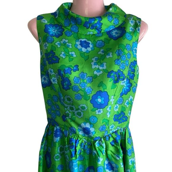 Vtg 1970s Lord & Taylor Dress Women's Small Silk Blue Green Floral Mod - Picture 3 of 6